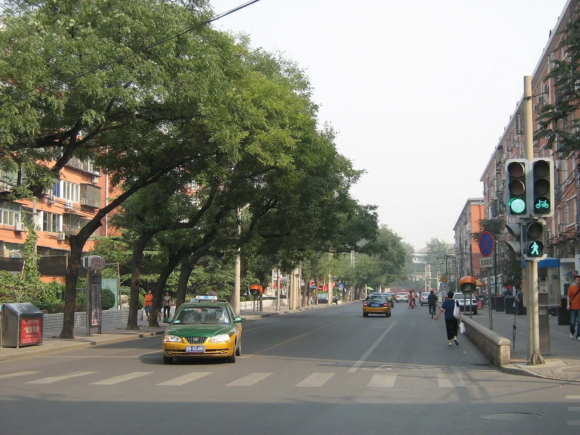 A taxi on Lingjing Hutong, a tree-lined street in Beijing